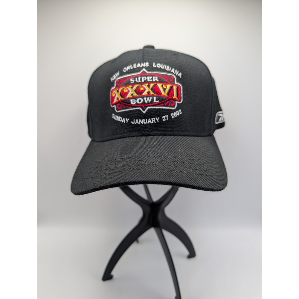 Reebok NFL Super Bowl XXXVI 2002 New Orleans Hat Black Mens LG/XL Stretch Fit